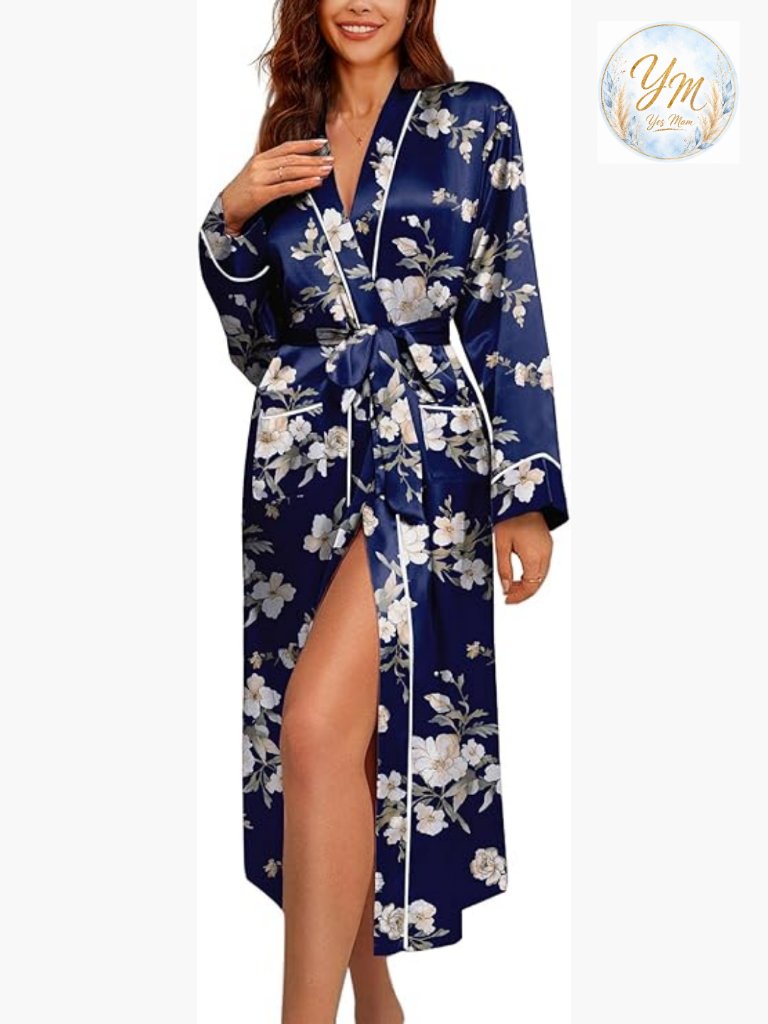 Satin Long Sleeve Full Length Robe With Pockets Deep V-Neck Lightweight